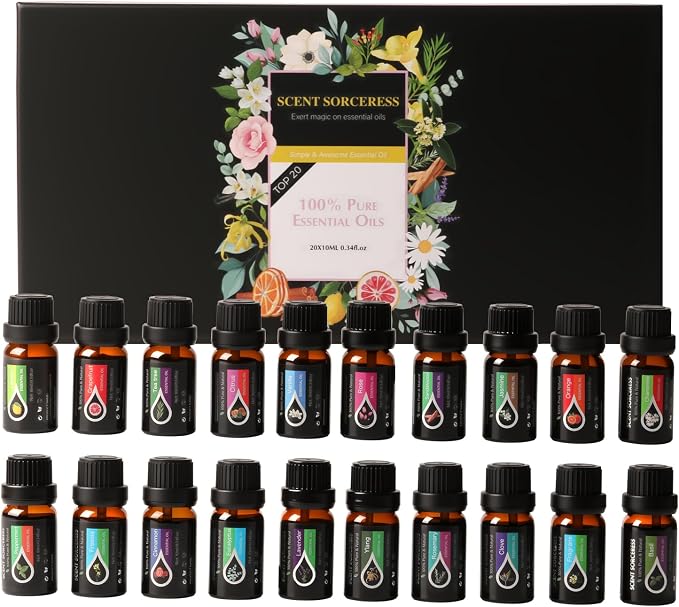 Essential Oils Set, 20 x 10ML Essential Oil Gift for Massage & Diffuser | Refreshing, Sleep, Cars & Home Products, Eucalyptus, Lavender, Peppermint, Tea Tree More Aromatherapy Oil