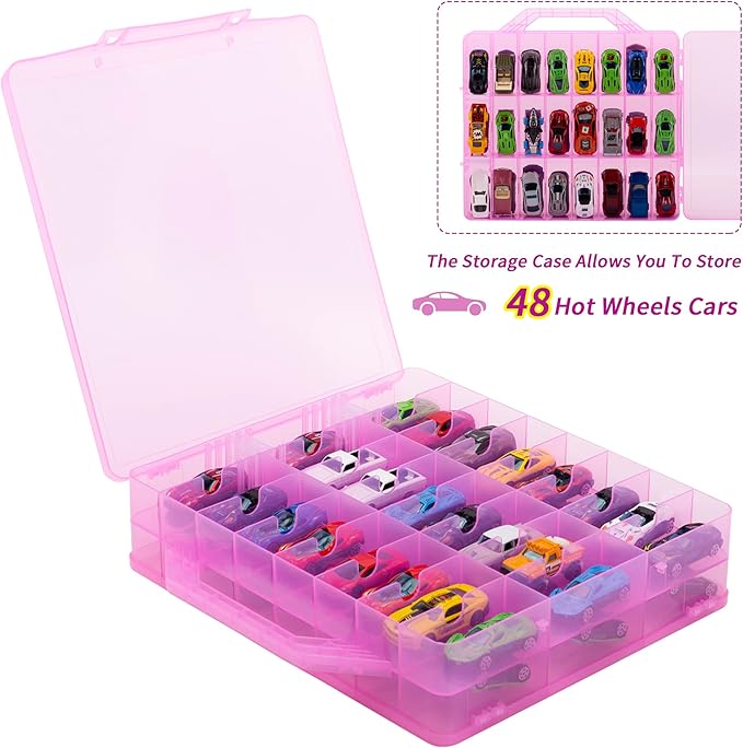 Double Sided Toy Car Storage Case for 48 Cars, Pink, Rectangular, Plastic, Wall Mount, 13.4 x 11.8 inches