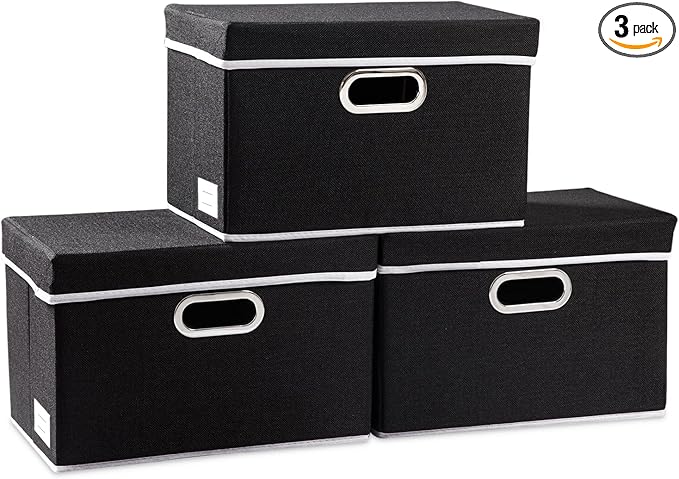 Foldable Storage Box with Lid [3-Pack] Fabric Collapsible Storage Bin Organizer Container Basket Cube with Cover for Home Bedroom Closet Office Nursery Black (14.9x9.8x9.8)