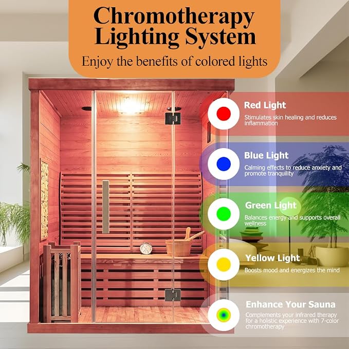 Smartmak Wood Home Traditional Steam Sauna, Wifi Control 4 Person Luxurious Indoor Canadian Red Cedar Wooden Spa Room, with 6 kw Heater, Backrest, Bluetooth Speaker, Rocks, Water Bucket, Spoon, Lights