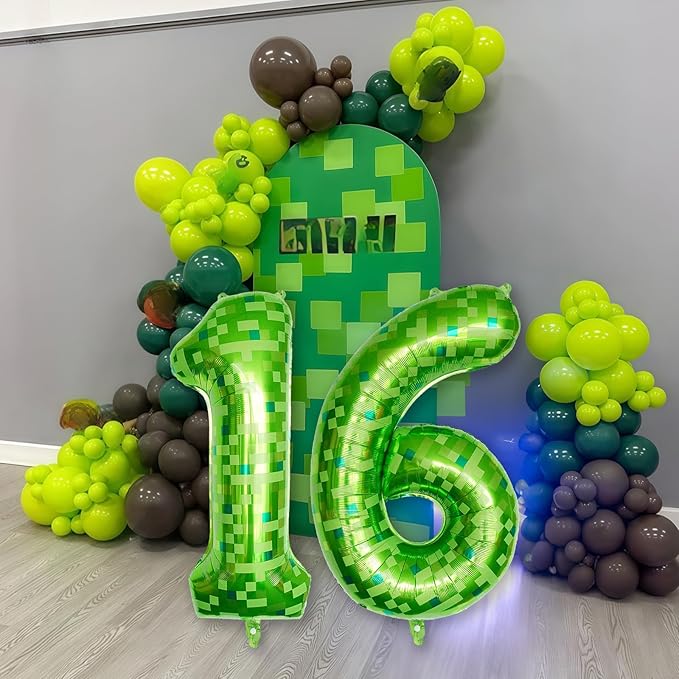 Number 16 Balloons 40 Inch, Gaint Cartoon Lime Green Pixel 16 Balloon Number for Boys 16th Birthday Decorations, Dark Kelly Green Foil 16 Balloon for 16 Year Old Birthday Video Game Golf Party Decor