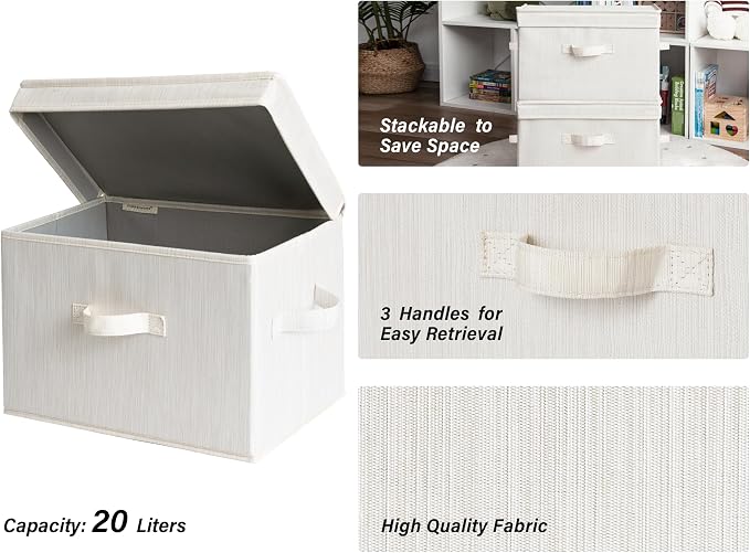 StorageWorks Fabric Storage Bins with Lid, Decorative Storage Boxes for Shelves, Stackable Closet Organizer Basket with Handles, Large, Mixing of Beige, White & Ivory, 2-Pack | Flip-Top Lid, 3 Handles, Collapsible, Stackable, for Clothes Blankets, Mult...
