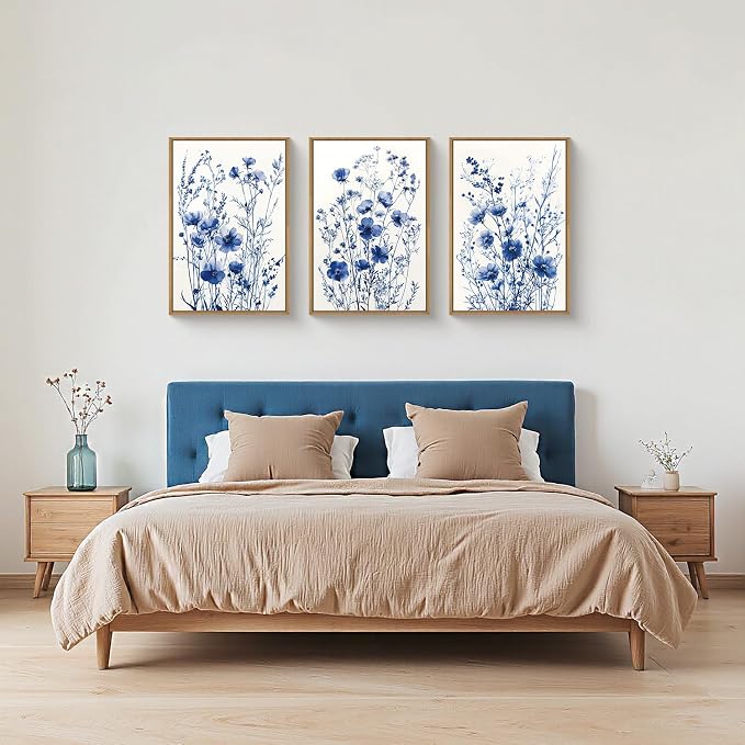 FWIEXA Blue White Wildflower Canvas Wall Art Set of 3, Framed Navy Chinoiserie Watercolor Botanical Pictures Wall Decor, Minimalist Floral Paintings Artwork, 16x24In Florals Prints for Living Room, Bedroom, Bathroom