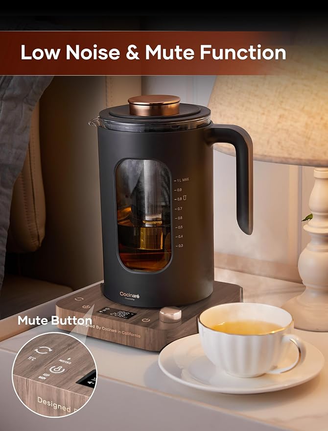 Electric Tea Kettle, INTASTING Glass Electric Kettle with tea Infuser and Precise knob temperature control, 1200W Fast Heating, BPA-Free, Easy to Clean, 1 Liter (Wood)