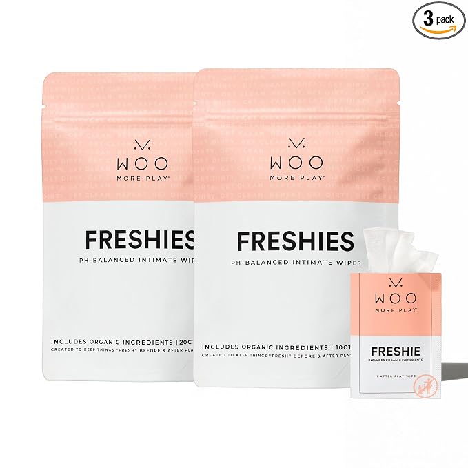 Woo More Play Freshies: All-Natural Feminine Intimacy Towelette Wipes with Coconut Water and Aloe Vera, Promotes Feminine Health & Helps Alleviate Irritation - Vegan and Cruelty Free (30 Count)