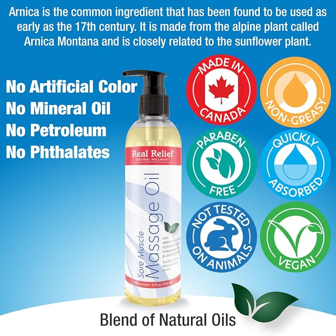 Arnica Massage Oil with Chamomile & Lavender Essential Oils, for Massage (Personal or Professional Use), 8 fl. oz.