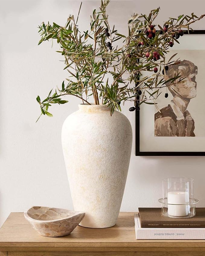 Large Ceramic Rustic Vase 11 Inches, YBX White Ceramic Flower Vase for Centerpieces, Decorative Farmhouse Tall Vase for Home Decor, Living Room, Bedroom, Hallway, Wedding, Table Decorations, Beige