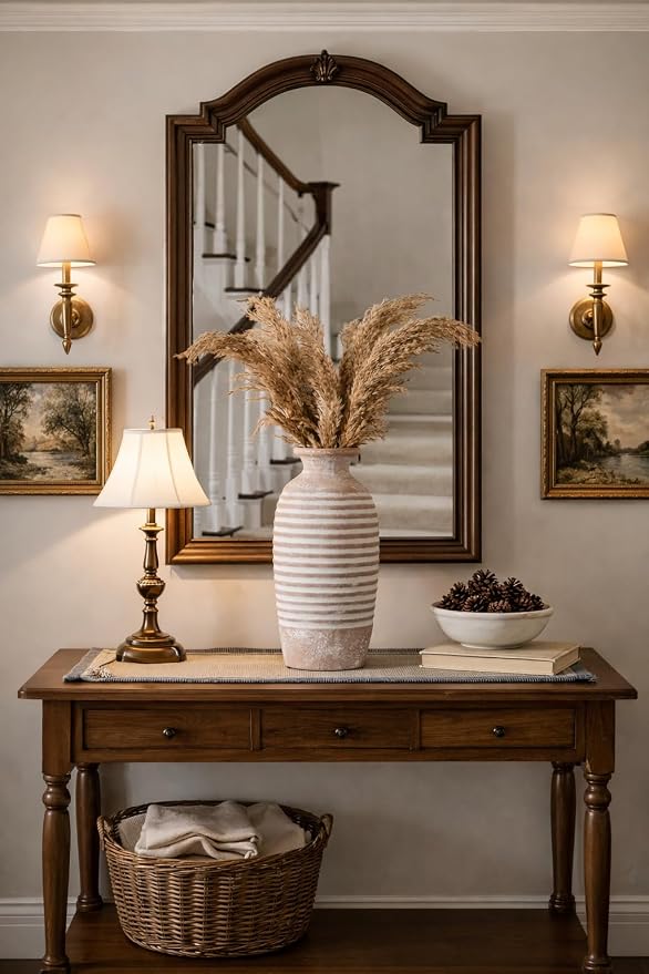 Emotionally Grounded Vase, Vaseking Large Ceramic Rustic Vase, 14.4 inch Minimalist Threaded Decorative Farmhouse Tall Vases for Home Decor, Living Room, Enterway, Table Decoration, Khaki