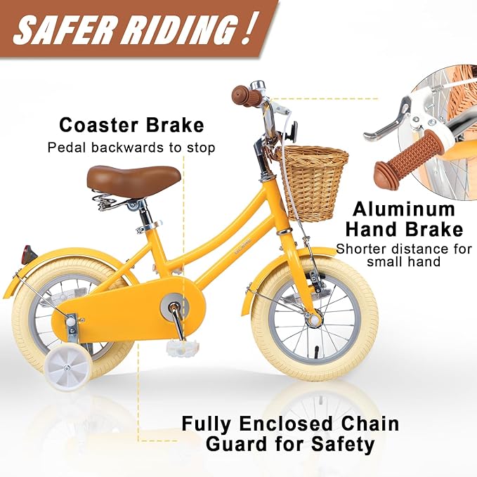 Glerc Little Molly 12-20 Inch Kids Retro Cruiser Bike for 2-13 Year Old with Wicker Basket & Training Wheels/Kickstand, Multiple Colors