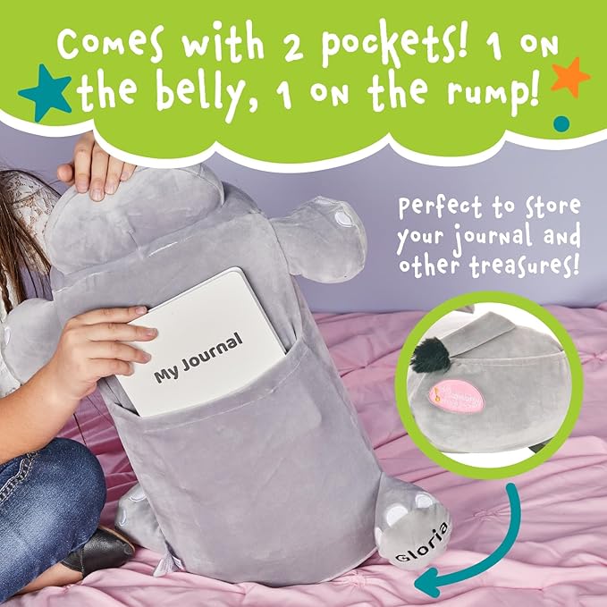Cuddly Memory Foam Pillow Plush with Belly Pocket, Kids Pillow for Hugging Sleeping & Storing Diary, 15” Stuffed Animal & Journal Set - Gloria The Hippo