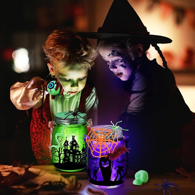 OCHIDO 12Pack Halloween Crafts for Kids, Halloween's Mason Jar with Accessories for Halloween Activities, DIY Lantern Jar Craft and Art Party Favor Supplies, Classroom Art Activities