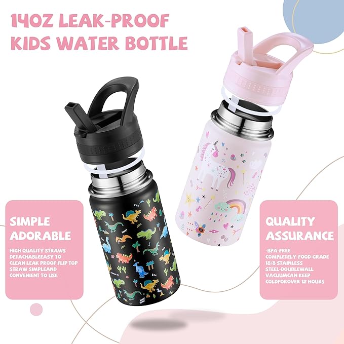 2 Pack Kids Water Bottle,14oz Stainless Steel Insulated Water Tumbler Leak-Proof,School Water Mug,Small and Portable,Suitable for Boys and Girls to Use(Black dinosaur + Pink unicorn)