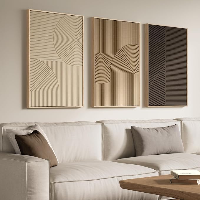Large 3D Textured Framed Neutral Abstract Wall Art Set, 3 Piece 24x36 In | Solid wood frames, sculptural line texture, beige brown tan tones, ready to hang, wall decor for living room bedroom office