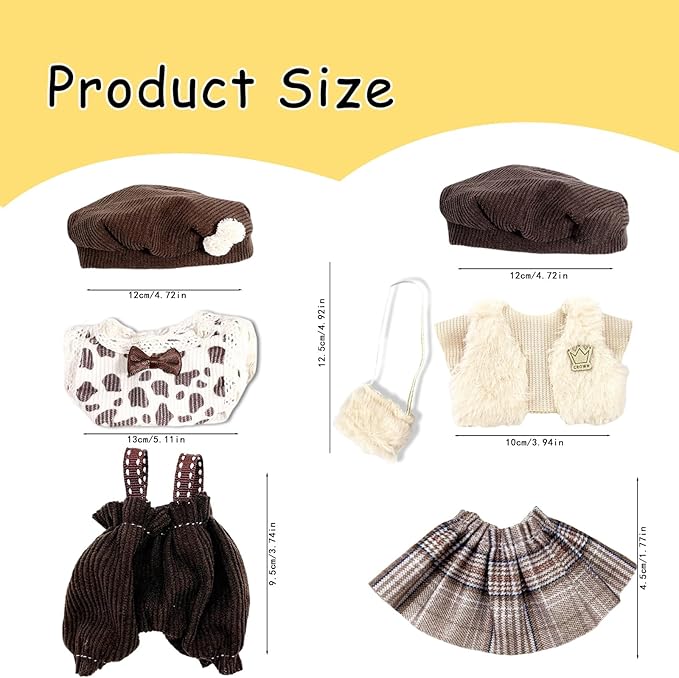 Doll Clothes for Labubu,Cute Outfit for 17cm Doll Clothe 2/3PCS Clothes and Hats Stylish Dolls Clothe for 17 cm Labubu,Casual Style Costumes for Labubu Dolls (Brown hat Set)