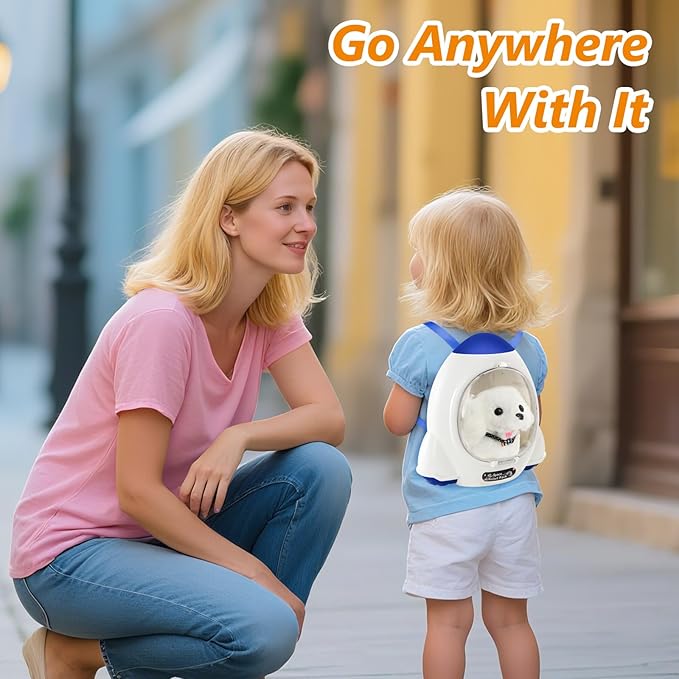 Electronic Interactive Plush Puppy - Battery Operated Mechanical Walking Little Pet Dog with a Cute Bag, Barking, Tail Wagging, Stretching Companion Animal for Toddlers & Kids (White)
