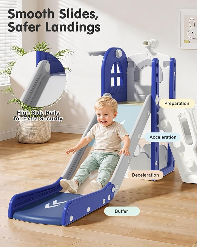 Babytronic Toddler Slide for Kids 1-3, 6-in-1 Toddler Slide Set with Basketball Hoop & Telescope, Indoor Outdoor Toddler Playset, Kids Climber Playset for Small Spaces, Indoor Playground, Blue & Gray