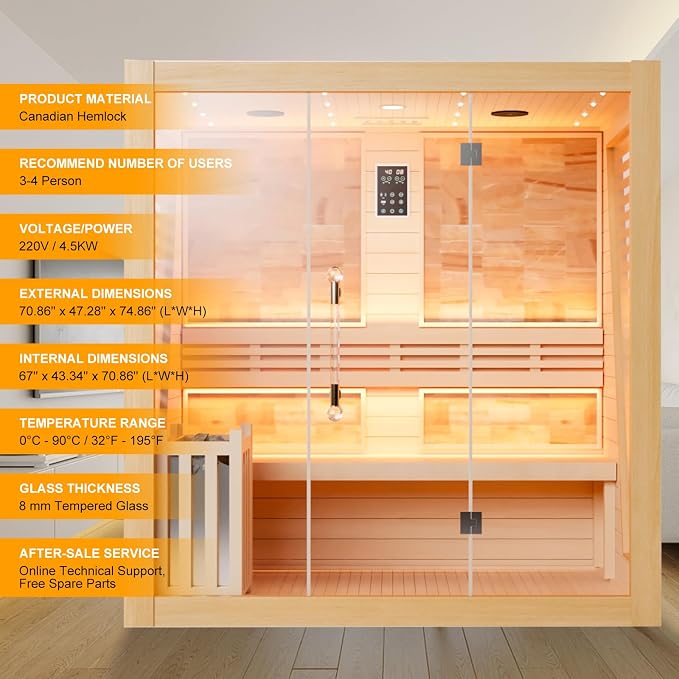 Smartmak Wood Home Steam Sauna, WiFi Control 4 Person Canadian Hemlock Traditional Luxurious Wooden Indoor Spa Room, with 4.5 kw Heater, Speaker, Rocks, Water Bucket, Spoon, Sky Lights