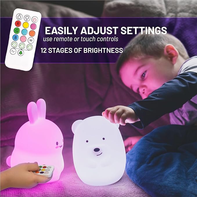 Lumipets Benny The Bear Squishy Silicone Night Light for Kids | Cute Night Light with Remote & Touch Control for Girls & Boys | 9 Color Changing Soft Portable Animal Lamp Comes with USB Cord