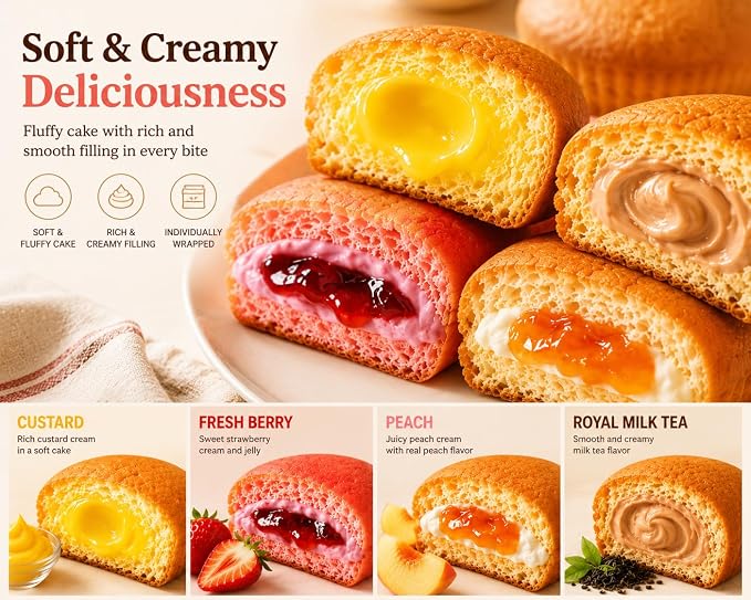 Orion Korean Sweet Dessert Variety Pack, Custard Soft Cake Assortment, Individually Wrapped Korean Snacks, Custard, Strawberry, Peach & Royal Milk Tea Flavors, 12 Packs Total, 0.88 oz Each