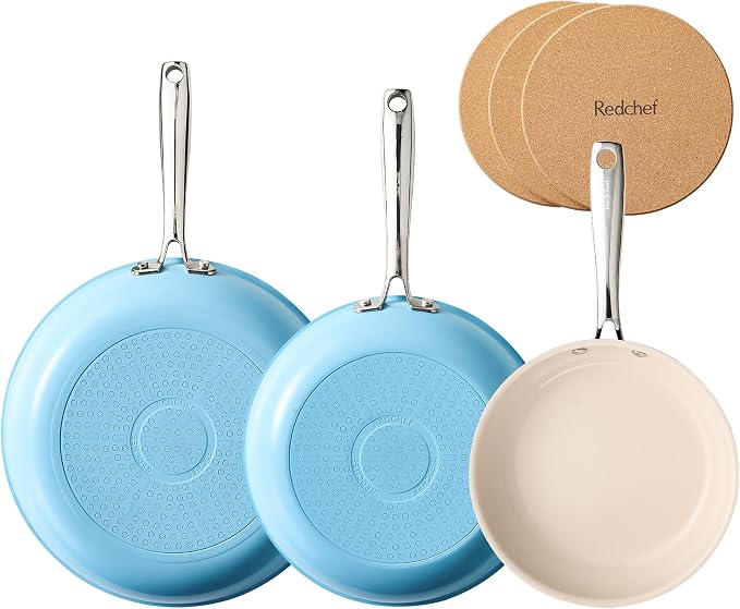 Redchef Ceramic Nonstick Frying Pan Set, Ceramic Skillets with Stay-Cool Stainless Steel Handles, Induction Compatible, PFAS PFOA PTFE Free, Oven Safe, 3 Cork Protective Pads, Sea Salt Blue（8+9.5+11"）