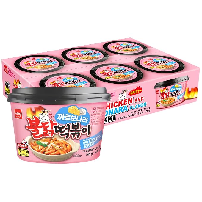 Wang Buldak Carbonara Tteokbokki Rice Cakes Bowl | Korean Spicy Topokki with Creamy Hot Chicken Sauce, Ready in 5 Minutes, Pack of 6