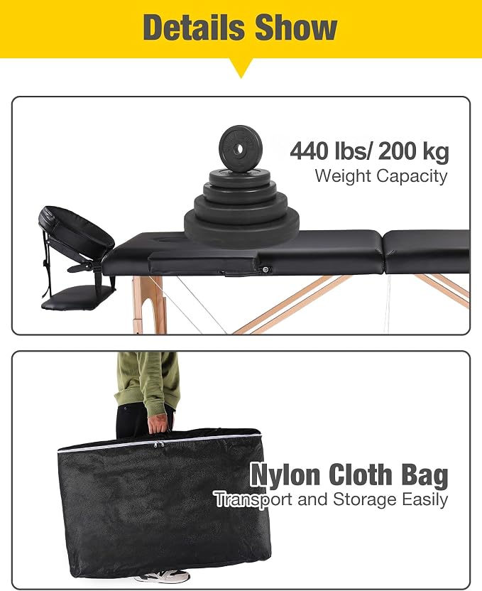 Professional Massage Table Portable Massage Bed for Spa Salon Tattoo Esthetician Lash Reiki, Adjustable Height 84" Long 500 LBS Load Capacity, Black (2-Section)