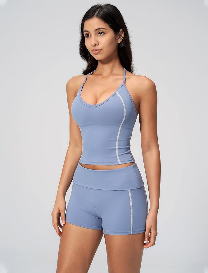 QBGJTD Women 2 Piece Workout Set Color Block Open Back Halter Top and High Waist Booty Lifting Shorts Yoga Outfit