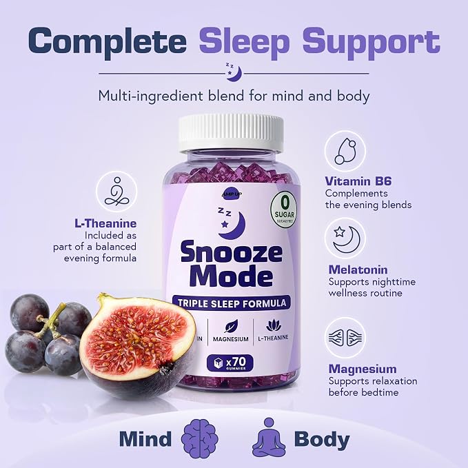 AmpUp Sleep Melatonin Sugar Free Gummies – 5mg Melatonin with Magnesium, L-Theanine & Vitamin B6, Nighttime Sleep Support Supplement, Vegetarian, Natural Grape Flavor – 70 Gummies (2)