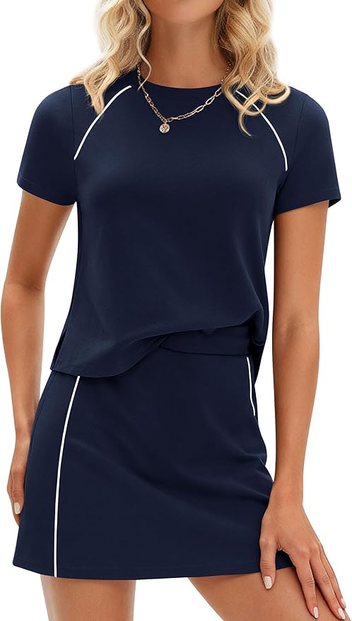 PRETTYGARDEN Women's 2 Piece Skirt Sets Matching Clothing | Short Sleeve Shirts,Color Block Tops,Mini Skirts with Shorts Pockets,Skort Set,Workout Active Wear,Tennis Golf,Summer Outfits