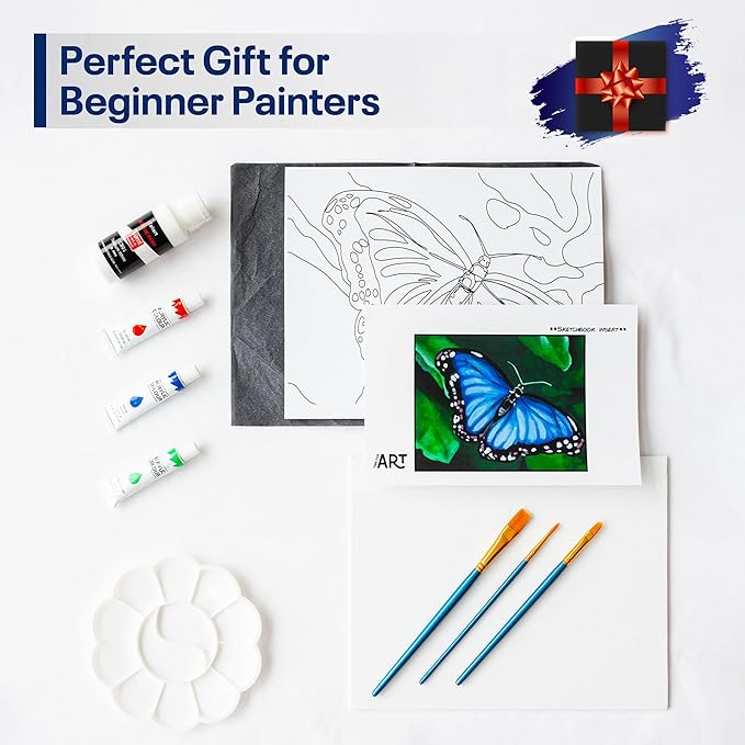 DIY Painting Class Kit for Adults with Video Tutorials: Learn to Paint Blue Butterfly – How to Paint with Acrylics – Ideal Mothers Day Gift – 9 Piece Acrylic Paint Set