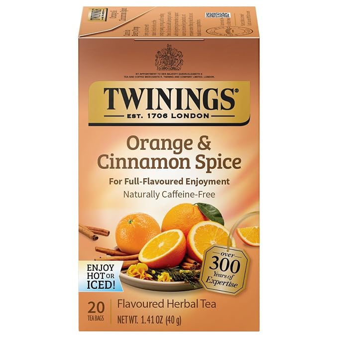 Twinings Orange & Cinnamon Spice Tea, Naturally Caffeine-Free Sweet and Spicy Tea with Rooibos, Orange, and Cinnamon, Herbal Tea Bags Individually Wrapped, 20 Count