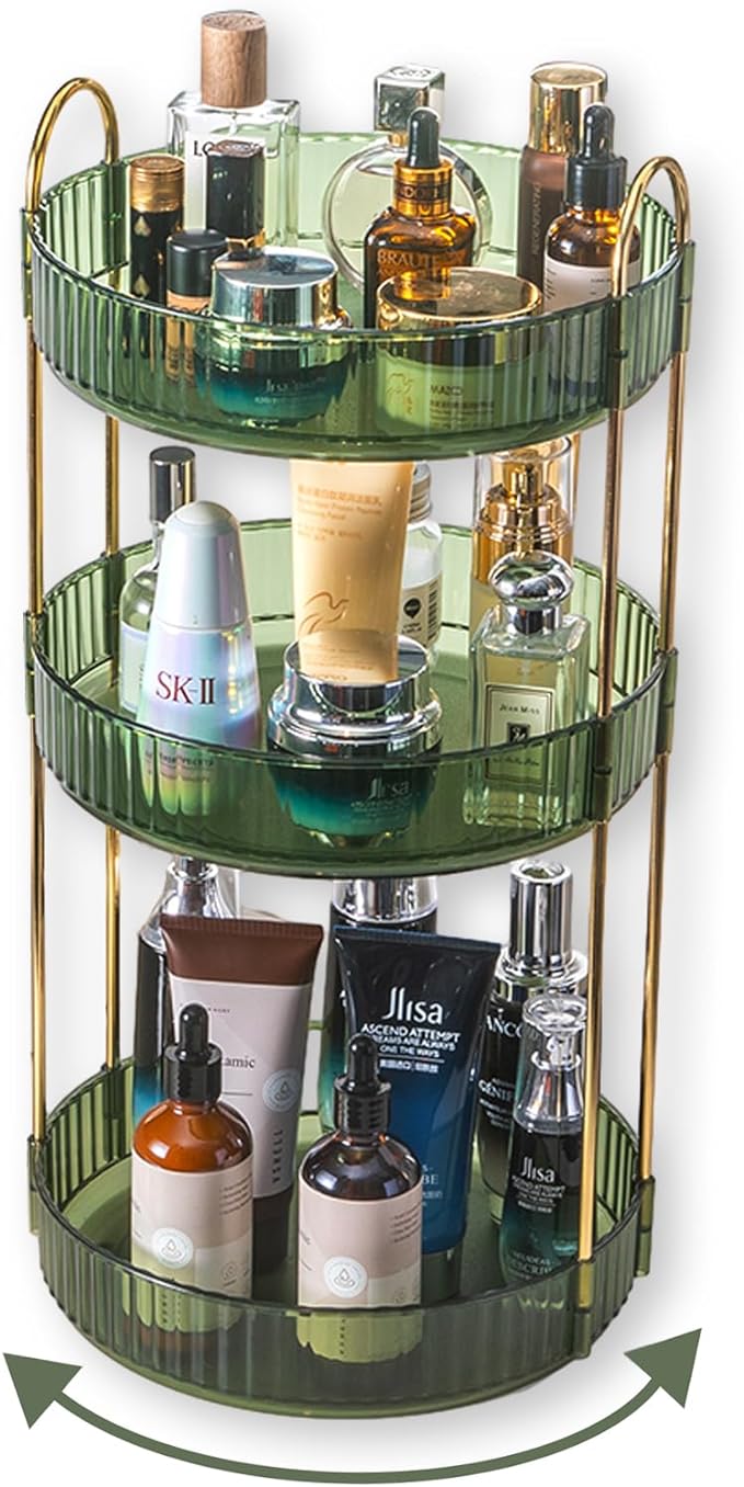 Asayuee 360 Rotating Perfume Organizer,3 Tier Large Capacity Make Up Organizers and Storage,Makeup Organizer for Bathroom,Cosmetic Perfume Stand Holder (Green-3 Tier)