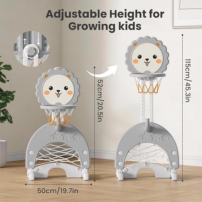 4-in-1 Toddler Basketball Hoop Adjustable Height Indoor Outdoor Sports Center for Kids Aged 1-3 Basketball, Soccer, Hockey & Ring Toss, Grey and White