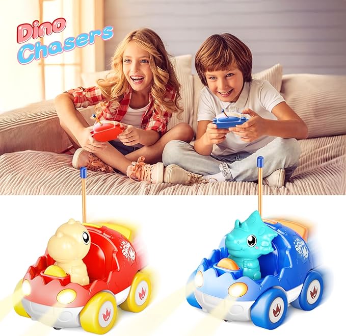 2 Pack Dinosaur Remote Control Cars Toys for Kids 2 3 4 5 Years Old, Valentine's Day Birthday Gifts for Boys and Girls Ages 2-5, Dino Race Car Toddlers Toys with Music and Light(Red Blue)