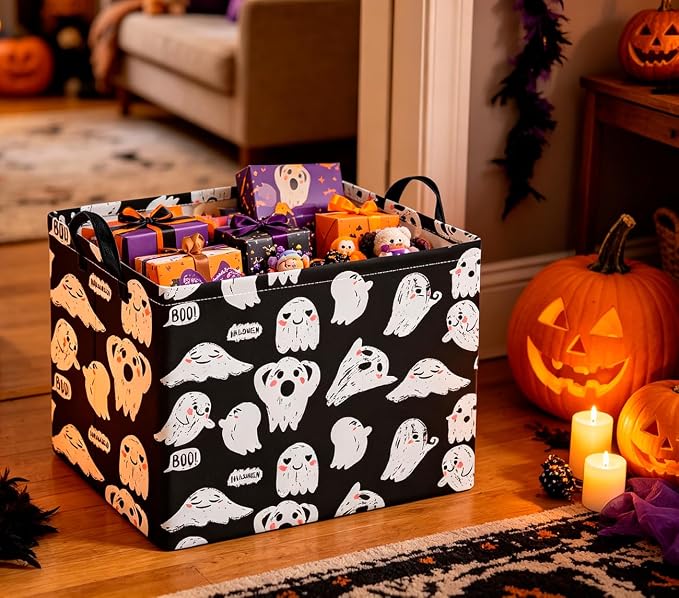 CLOCOR Rectangular Storage Basket Empty,Gift Basket,Waterproof Storage Bin with Handles,Room Decor(Black Ghost Halloween)