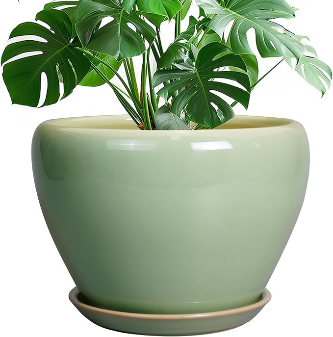 Ceramicfor Ceramic Planter Pot - 10 Inch Plant Pot for Indoor Plants Decorative Planter with Drainage Hole and Saucer Large Pot for Plants Outdoor Round Flower Pot for Garden Green