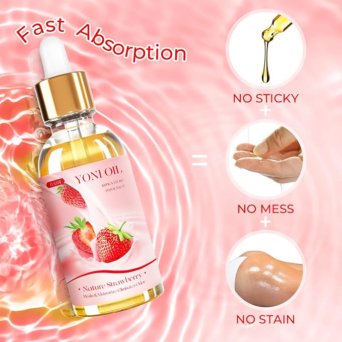 BASSI 3PCS Yoni Oil Organic Feminine Oil Vaginal Moisturizer - Ph Balance for Women - Eliminates Odor Feminine Deodorant - Soothes Ingrown Hair with Strawberry Peach Apple Essential Oil, 1 fl oz/pc
