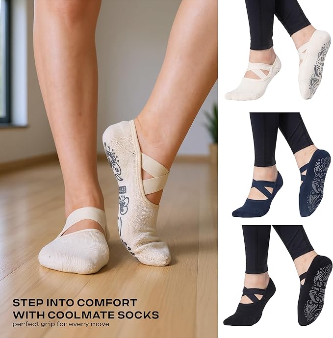 COOLMATE Pilates Socks with Grips for Women, Yoga Socks, Crew Non Slip Women for Barre, Pilates Gifts for Women