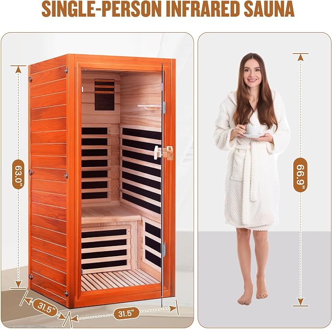 Infrared Sauna, Far Infrared Saunas for Home, Low EMF 1 Person Sauna Indoor Sauna Room Dry Sauna with Bluetooth Speakers 7 Color Light Therapy 1065W/120V Fast Heating Easy Assembly 31.5 * 31.5 * 63"