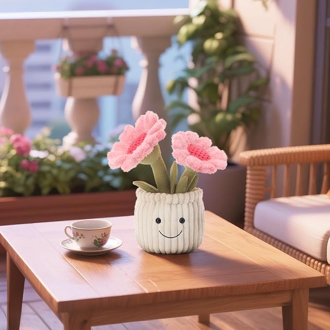 Apricot Lamb Soft Sunflower Plant Plush Toy, Stuffed Pink Flower Pot, Kawaii Plushie for Kids, 9"