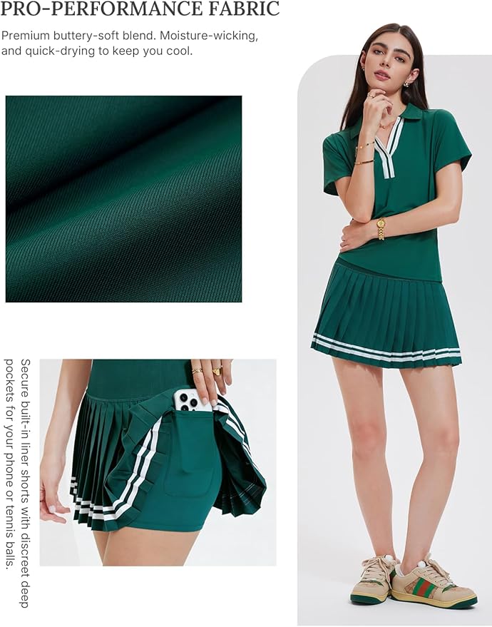 Women 2 Piece Tennis Skirt Set Pleated Golf Outfit, Polo V-Neck Athletic Dress Alternative Skort Set for Pickleball Pockets