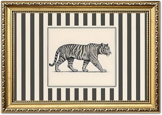 Vintage Tiger Wall Art Wildlife Wall Decor Pictures Black and White Stripe Jungle Animal Poster Canvas Painting Print for Bedroom Living Room Bathroom 8x10 inch Gold Framed