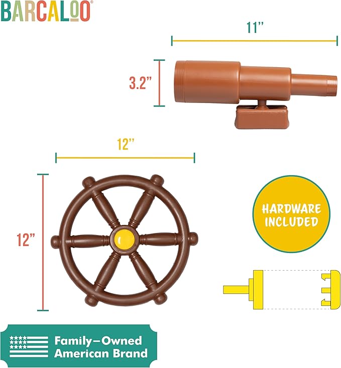 Barcaloo Playground Accessories for Kids Outdoor Playset with Pirate Ship Playhouse Wheel, Telescope & Flag Play Set, Attachments for Backyard Treehouse, Jungle Gym and Swing Set