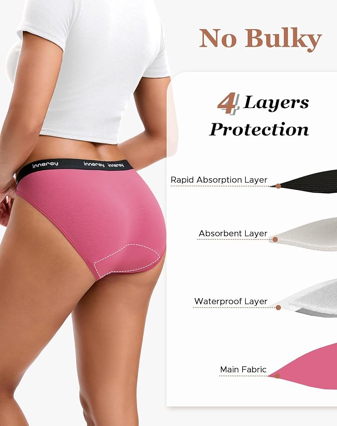 INNERSY Period Underwear Bikini Cotton Leak-Proof Moderate Flow 3-Pack | High-Cut Panties, 20ml Absorbency for Menstrual and Postpartum Protection