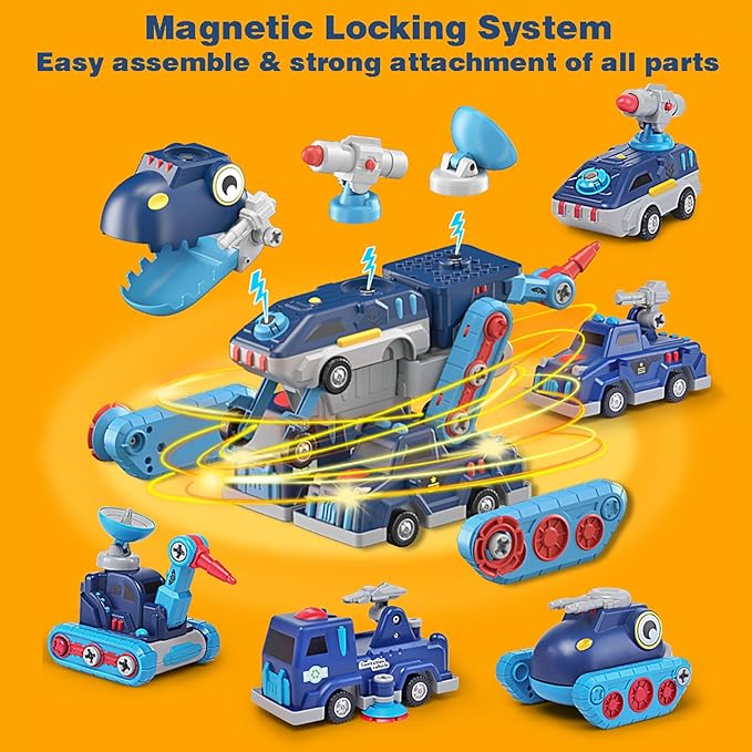 Take Apart Vehicle Magnetic Toy, 5-in-1 Tool Building Trucks Transform to Dinosaur Robot STEM Assemble Car with Storage Box, Kids Child Holiday Birthday Present for 3 4 5 6 7 8 Year Old Boys Girls