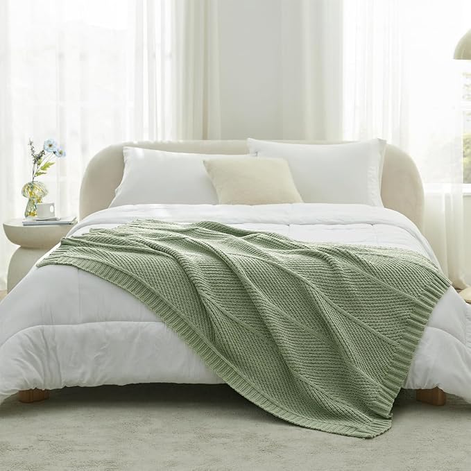 Knit Throw Blanket, Soft Chenille Cozy Breathable Chevron Chunky Decorative Blanket for Couch, Bed & Sofa, French-Inspired Lightweight Warm Gift for Women, Sage Green, 60"x80"