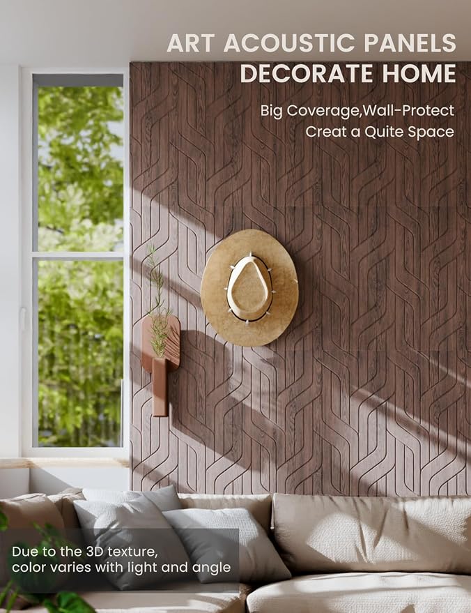 Fluxynara 6-Pack Large Felt Bulletin Board, Walnut Artistic | 70.87" x 47.24" Cork Board Alternative, Acoustic Wall Panels with 60 Adhesive Tabs for Recording Studios and Home Offices