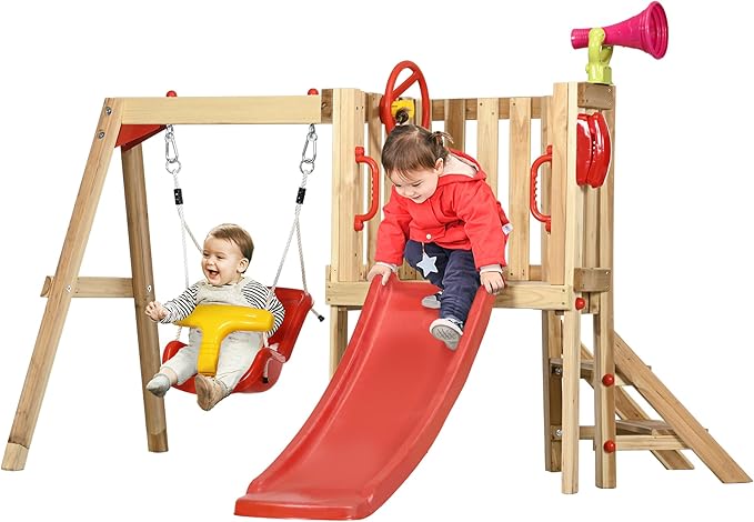 Outsunny Swing Set for Backyard, Wooden Toddler Outdoor Playset with Baby Swing Seat, Kids Slide, Fort, Playground Equipment with Captain's Wheel, Telescope for Ages 1.5-4, Red
