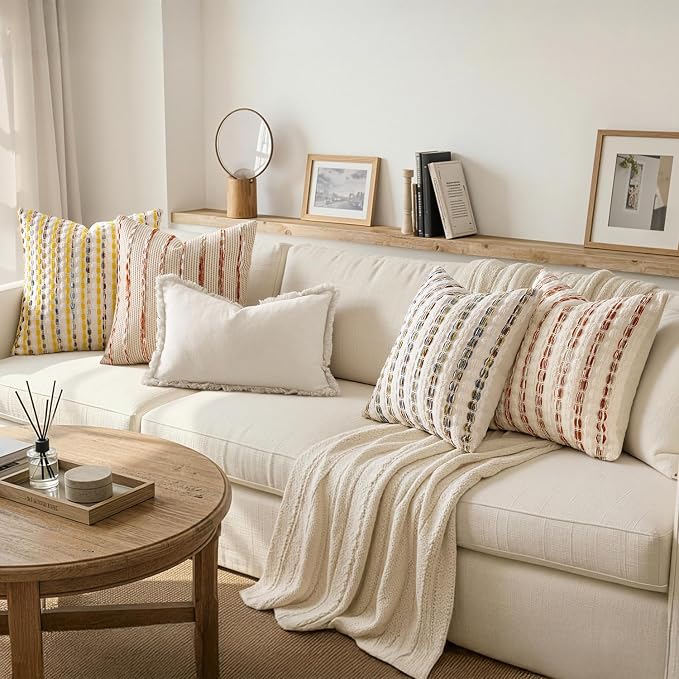ANRODUO Boho Decorative Throw Pillow Covers Rust Stripe 18x18 Inch Set of 2 | Woven Chenille Decorative Cushion Case with Striped Farmhouse Accent Neutral Pillowcase for Couch Sofa Bed Living, Room Decor
