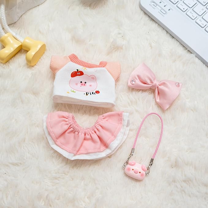Clothes for Labubu Doll,6.7 Inch Doll Clothing Set - 4 Pieces of Handmade Clothes and Accessories for 17cm Plush Toy - Pink and White Colorblock Piglet Top + Pink Tutu Skirt + Bow Tie